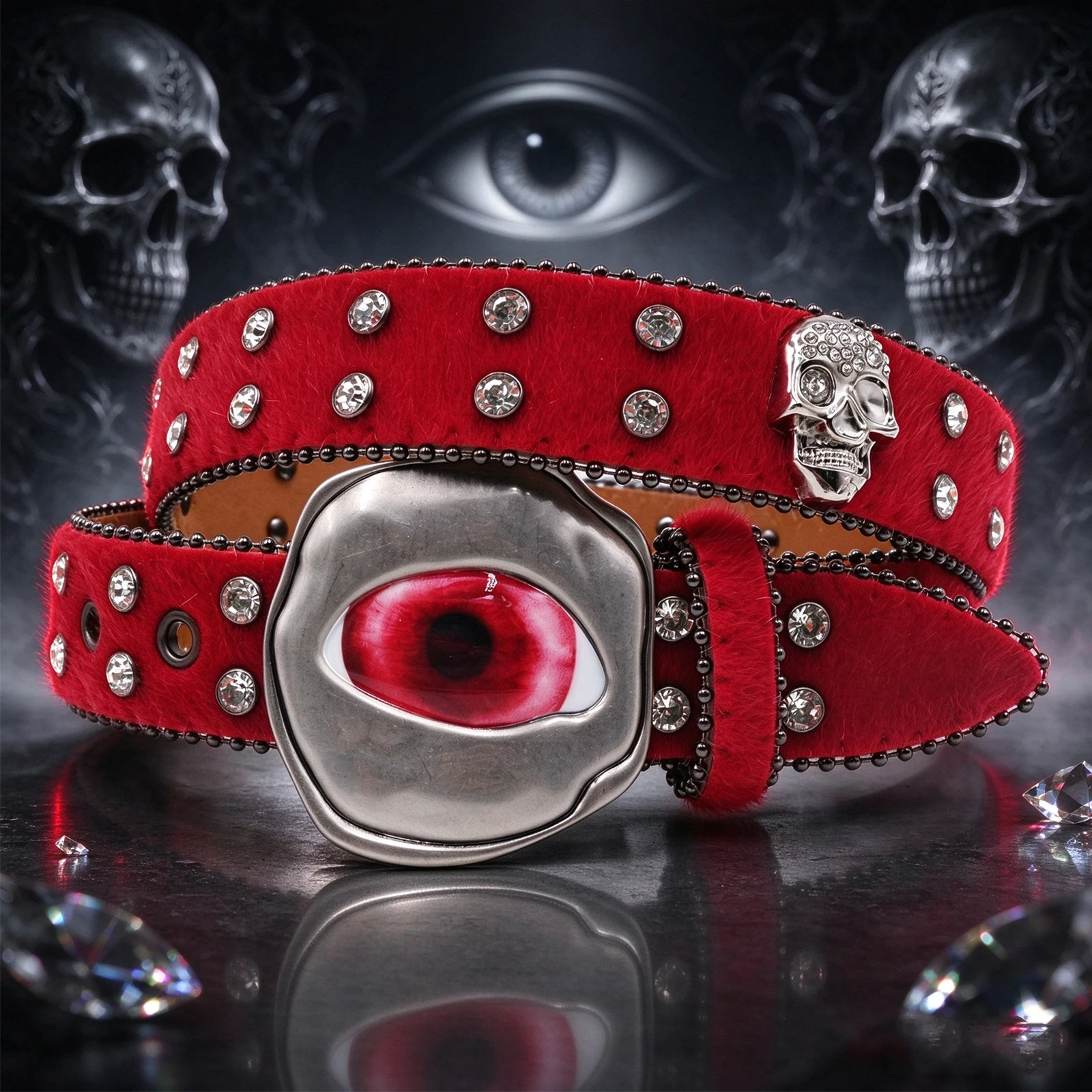 Heavy Metal Rock Faux Horsehair Studded Belt, 3D Evil Eye Buckle with Bling Crystal Skull Ornament Unisex Jeans Waist Belt