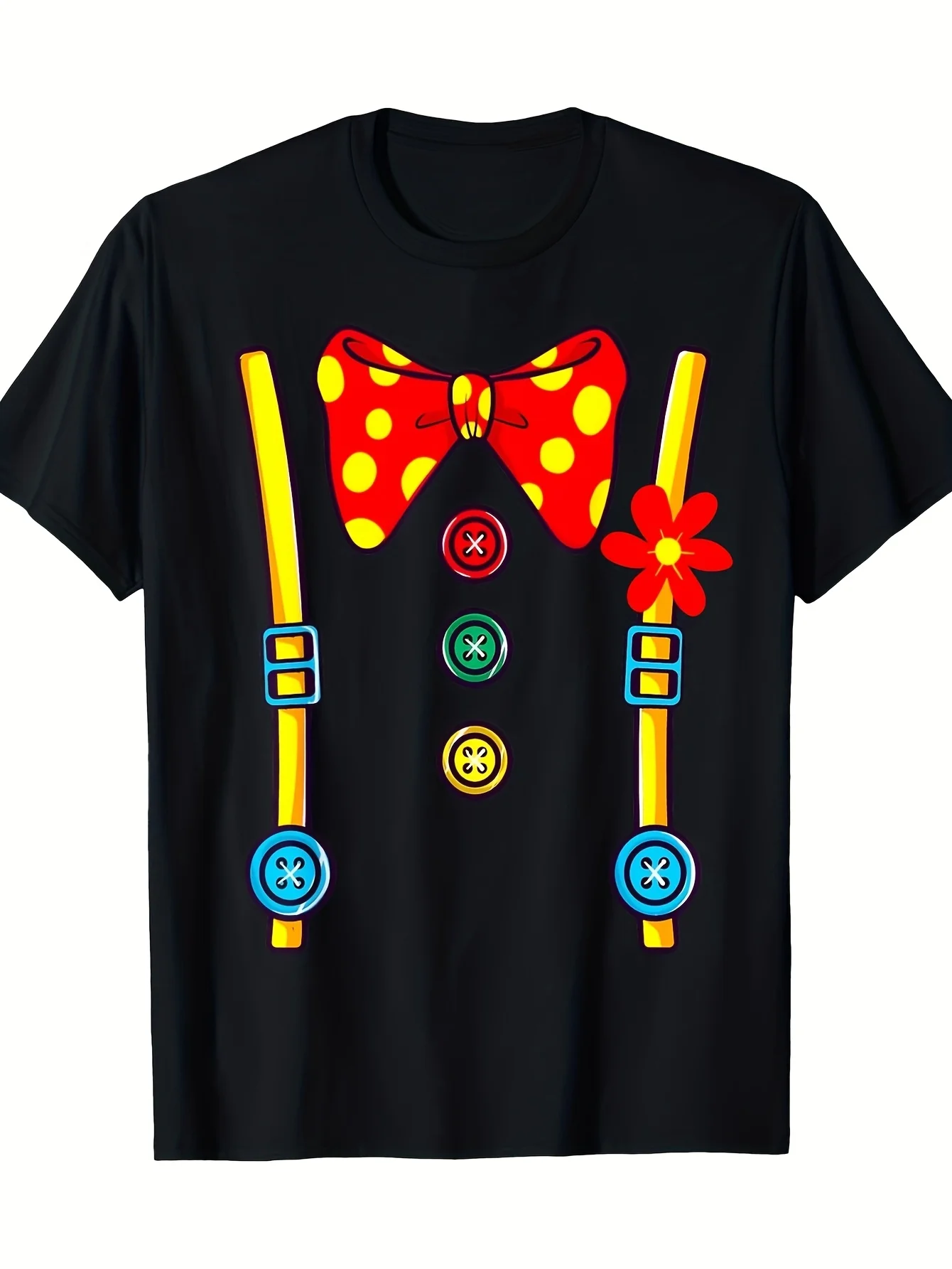 Unisex Clown Costume T-Shirt - Soft Crew Neck Short Sleeve with Red and White Polka Dot Bow Tie and Colorful Circus Print - Adult Unisex Casual Party Costume for Birthday Halloween, Unisex 2026 Summer Short Sleeve Print T-Shirt 180g