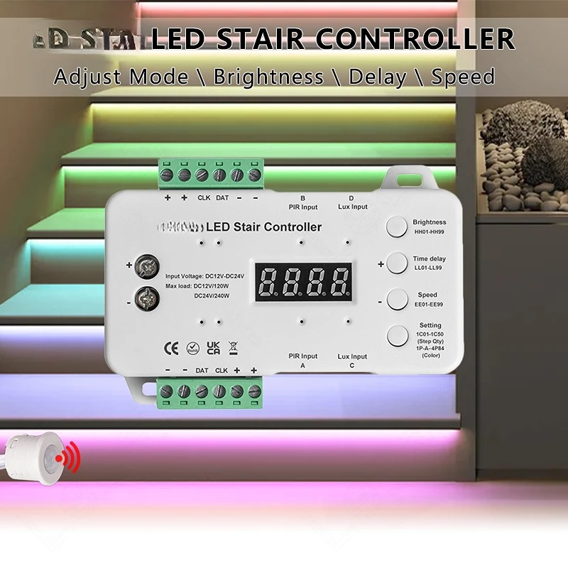 16 Steps LED Color Light Stairs Dimming Controller DC 12V 120W 24V 240W No Wiring / Welding With PIR Motion Daylight Sensor