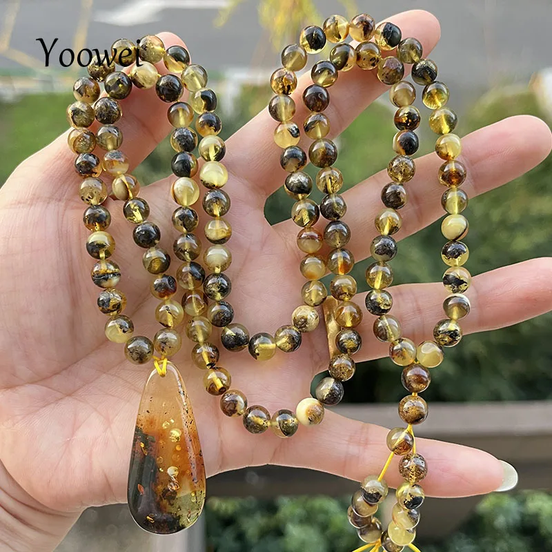 

23g Genuine Amber Necklace Authenticity Handmade Real Baltic Natural Ambers 6mm Plant Beads Sweater Chain 70cm Long Jewelry Gift