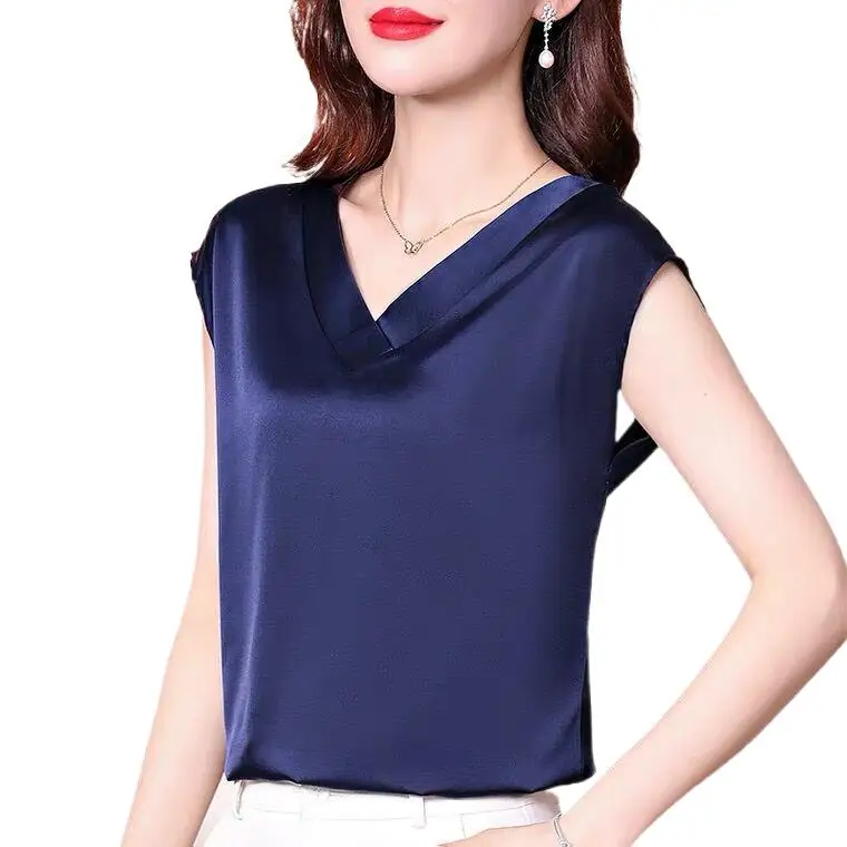 Office Lady Tops Summer Short Sleeve Blouses Satin Blouse Women Shirts Fashion Simple Solid Plus Size Loose chiffon Shirt Blusas