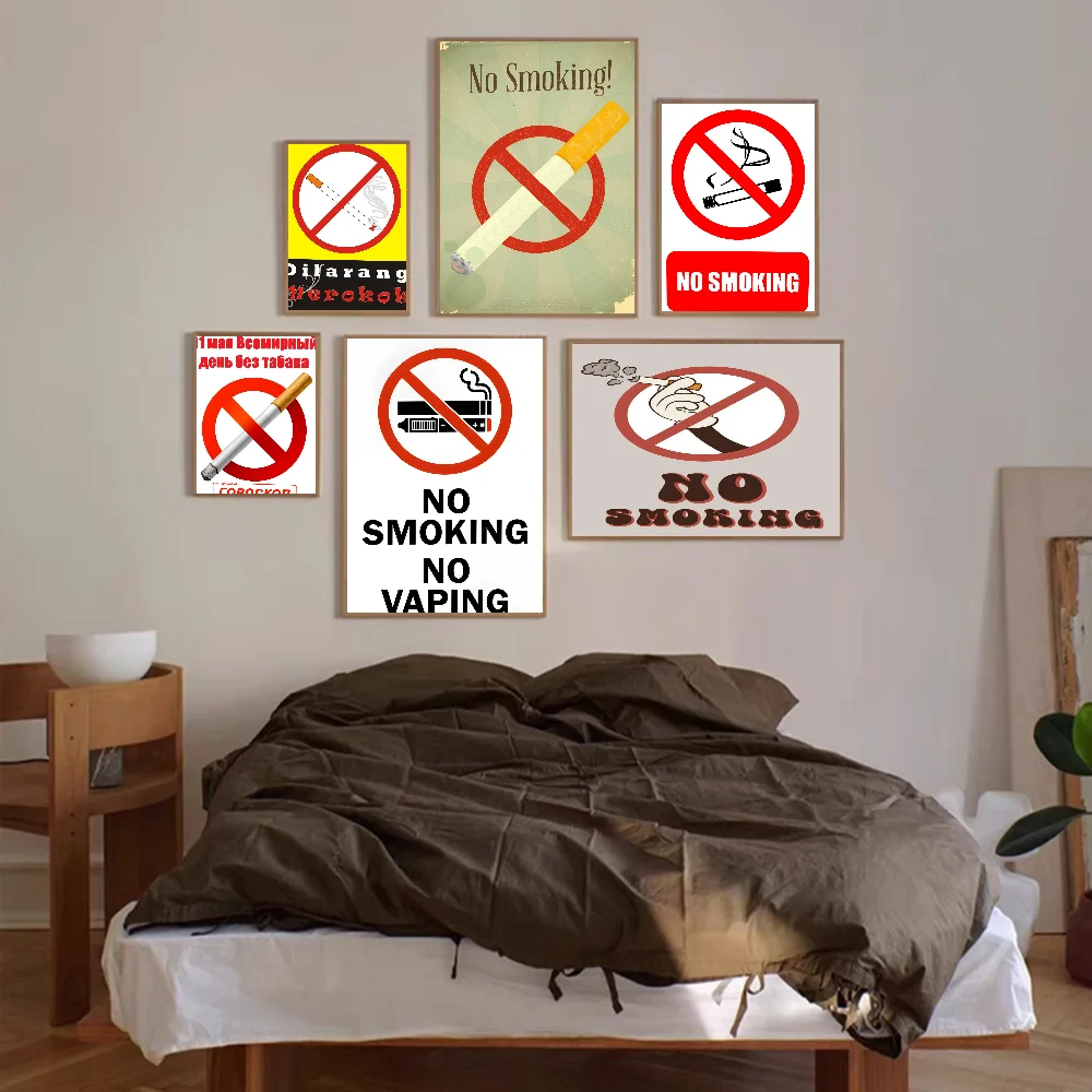 Warning Logo Ban No Smoking Retro Poster Anime Posters Sticky Waterproof Paper Sticker Coffee House Bar Kawaii Room Decor