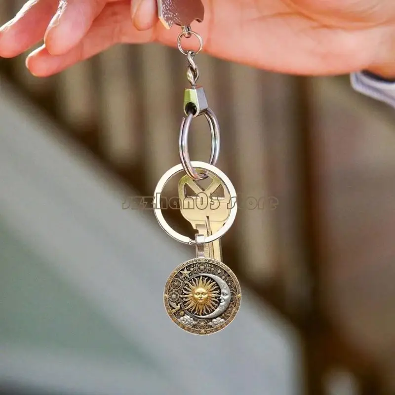367C Vintage Charm Keychain Pendant Featuring Star Moon and Sun God Design