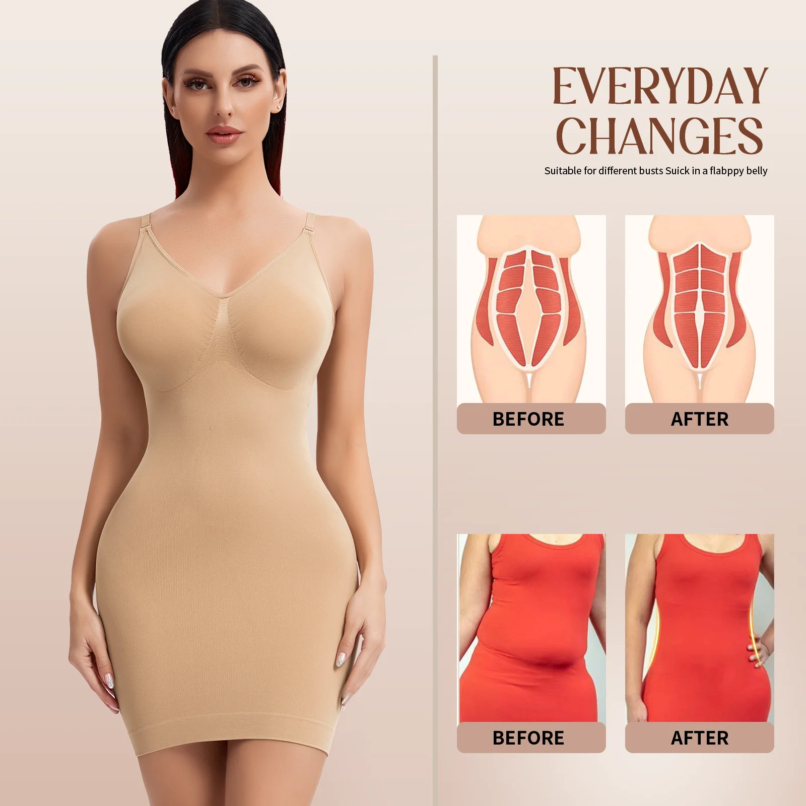 Women Full Slip Shapewear Tummy Control Bodysuit Seamless V Neck Underdress Sexy Butt Lifter Corsets Slimming Camisole Shaper