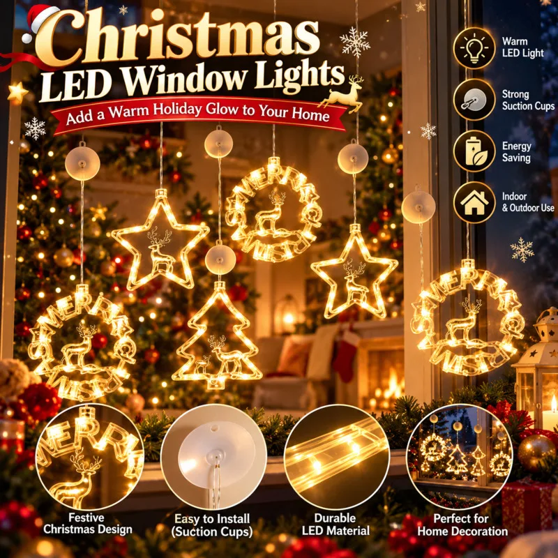 Christmas Tree  LED Lights Suction Cup, Star Reindeer Wreath Hanging, Ornament String Light Window Xmas, Home Party Decor Gift
