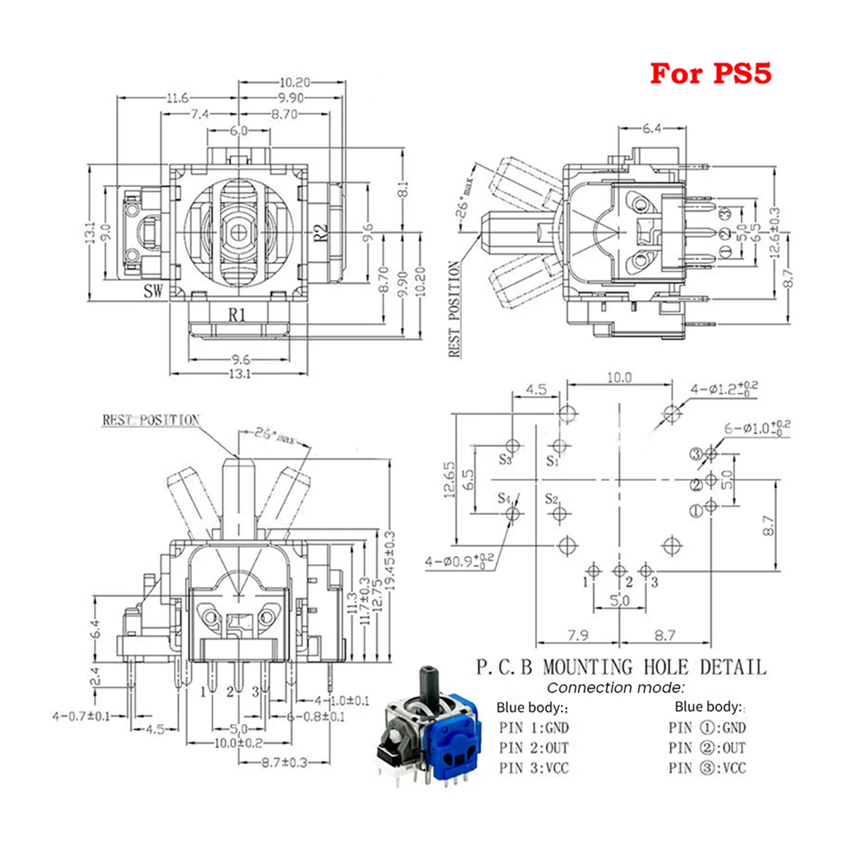 Controlador de Joystick Hall para Joystick electromagnético, potenciómetro de Sensor analógico, Joystick 3D antivaho, 10 Uds.