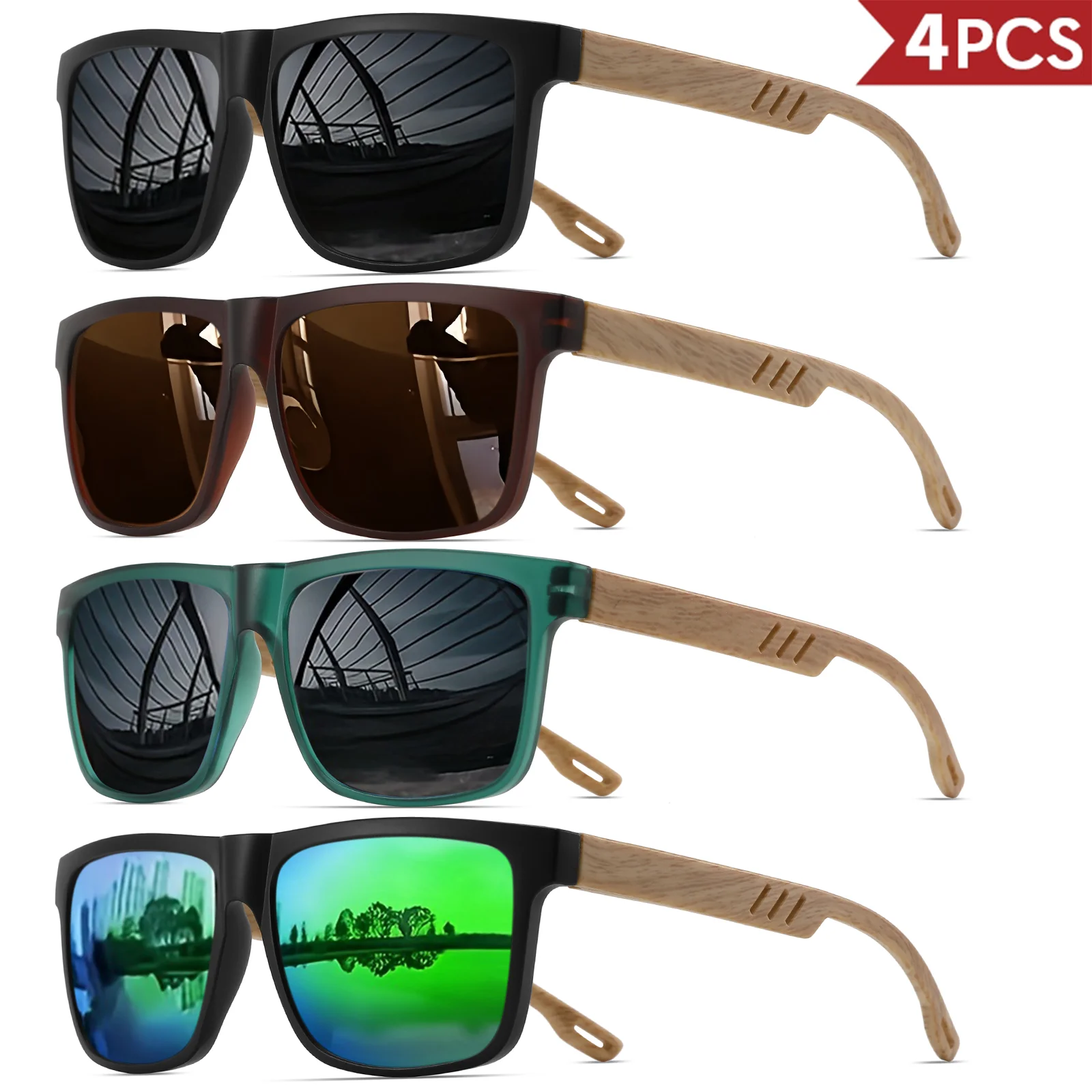 4 stuks houtnerf veerscharnier zonnebril - klassiek retro vierkant frame, UV400 unisex comfort geschikt voor dagelijkse vrijetijdskleding