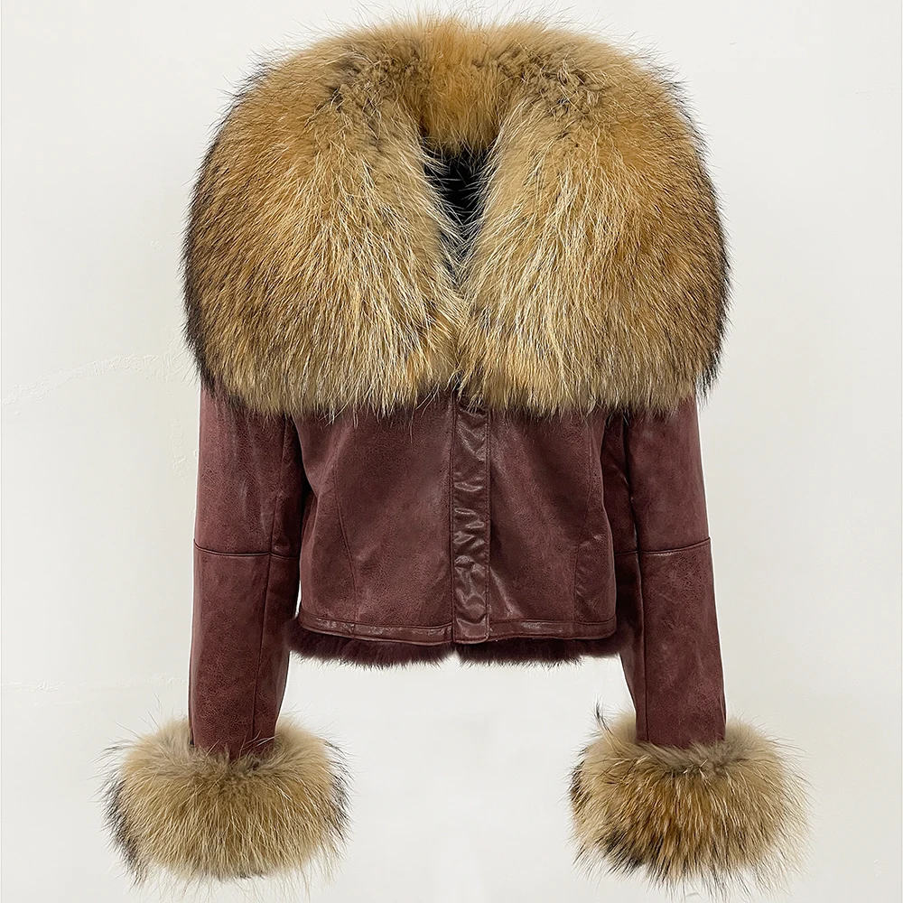 MENINA ナチュラルアライグマキツネの毛皮のコートの女性 2025 新しい秋冬ショートスエード服ファッション暖かいウサギの毛皮のライナージャケット女性