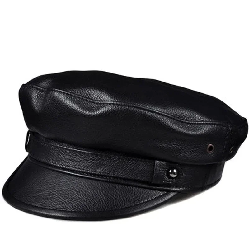 

Winter Men/Women Genuine Leather Navy Hats Unisex European/American Streetwear Fitted Black Caps With Belt Outdoor Gorro