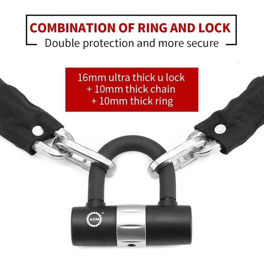 قفل دراجة مضاد للسرقة شديد التحمل بطول 3 أقدام بطول 90 سم مع سلاسل متينة سميكة 10 مم وقفل U 16 مم للدراجات النارية والدراجات النارية
