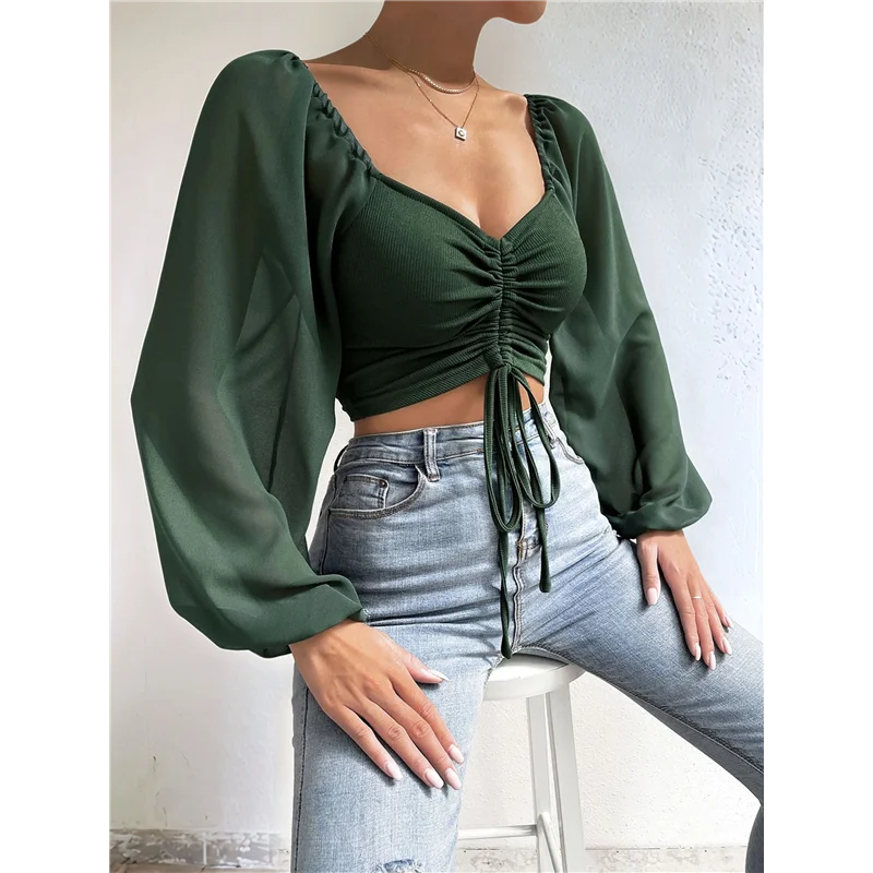 

Women's Mesh Long Sleeve Drawstring V Neck Ruched Lantern Tie Back Night Going Out Crop Top Blouse