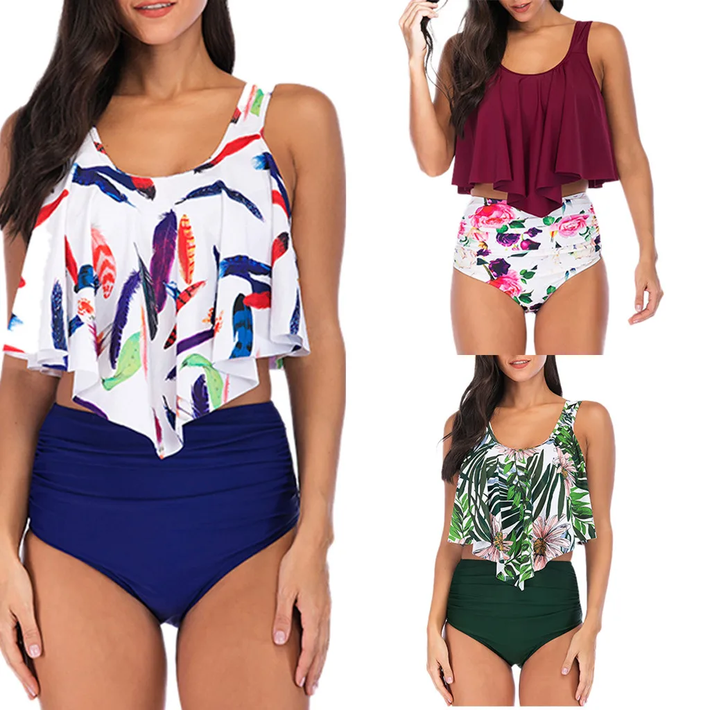 Women Swimsuit Leaf Print High Waiste Split Bikini Sexy Bkini Swiming Summer Solid Print Tankini