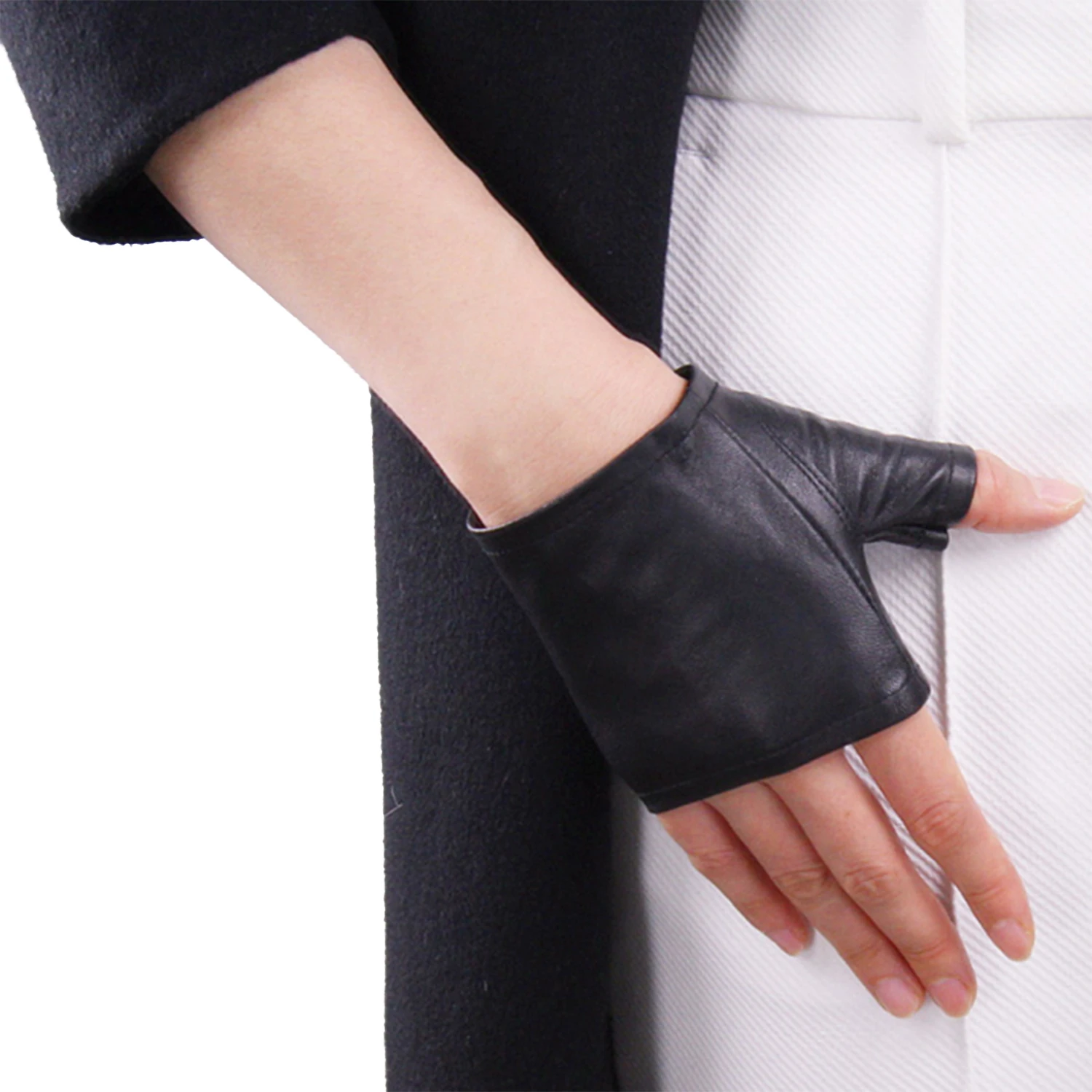 DooWay Women Real Leather Fingerless Short Mittens Fingerless Gloves Black Lamb Sheepskin Wristlet Outdoor Cycling Driving Glove