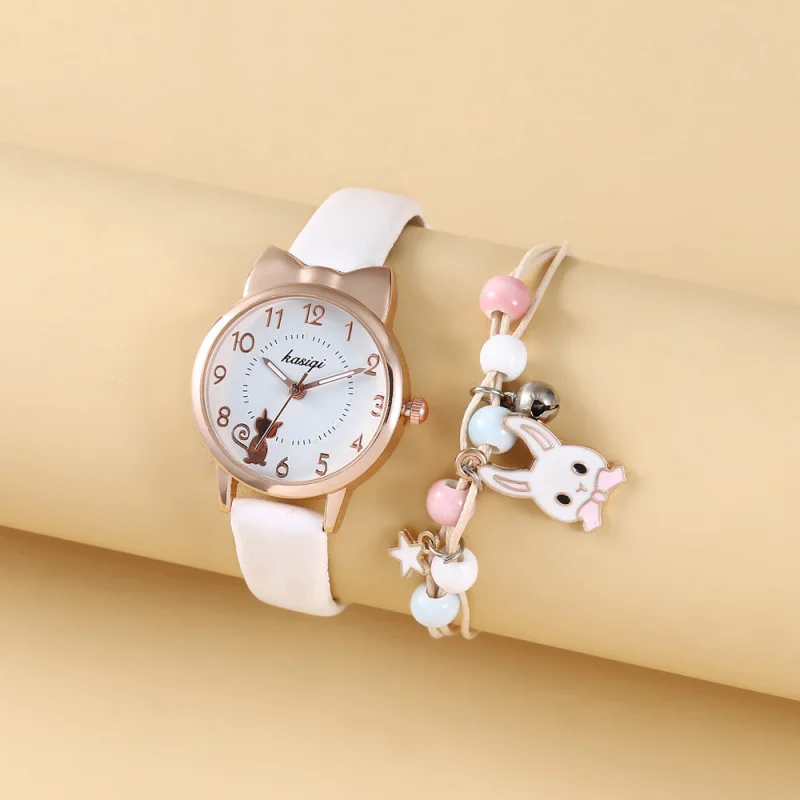 2pcs/setChildren's Student Style Girl Heart Animal Dial Belt Quartz Watch+Rabbit Bracelet