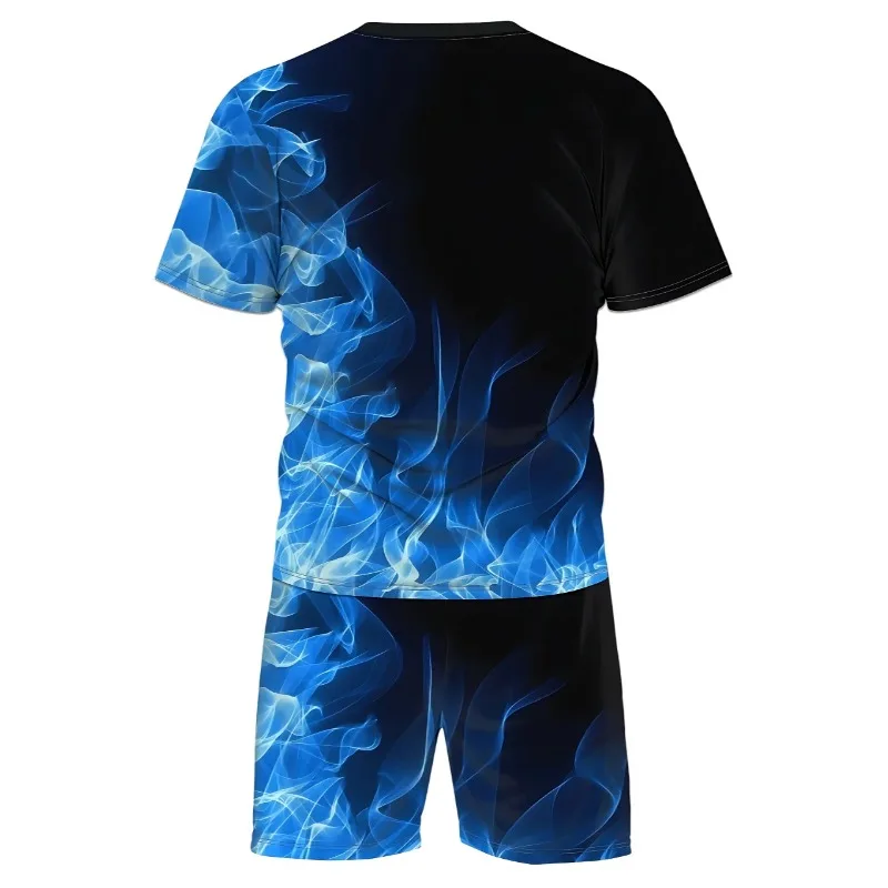 2025 Fashion Men's Short Sleeved Shorts Set Color Contrasting Fashion Quick Drying 3D Printed Polyester Fiber Round Neck T-shirt