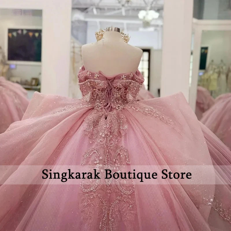 Pink Quinceanera Dresses Ball Gown Off The Shoulder Appliques Beaded Sweet 16 Dresses 15 Años Mexican Customized image 3