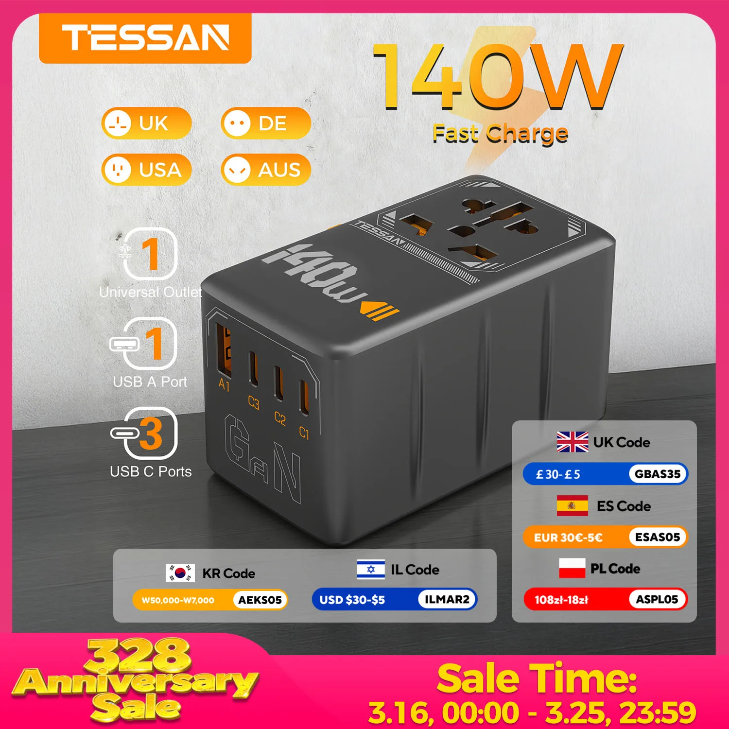 

140W/100W GaN Universal Travel Adapter with USB Port Fast Charging International Plug Adapter EU UK USA AUS for Travel
