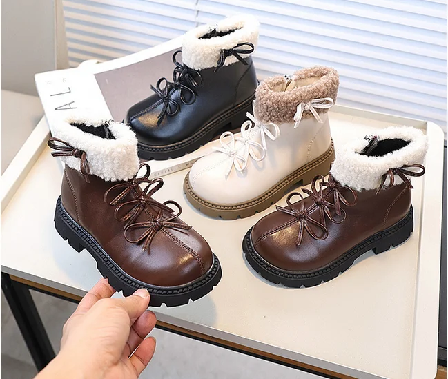 Girl Winter Boots Sweet Chic Children Platform Ankle Boots Elegant Bowknot Versatile Kids Fashion Cotton Boots New Solid Color