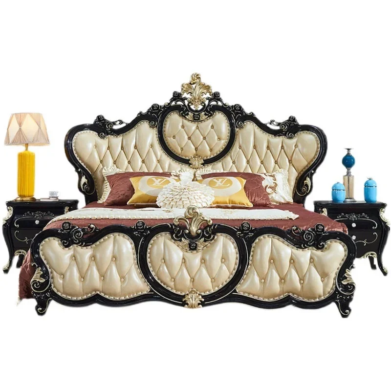 

European bed all solid wood 1.8/2 meters ebony wedding bed luxury carved master bedroom villa leather double bed