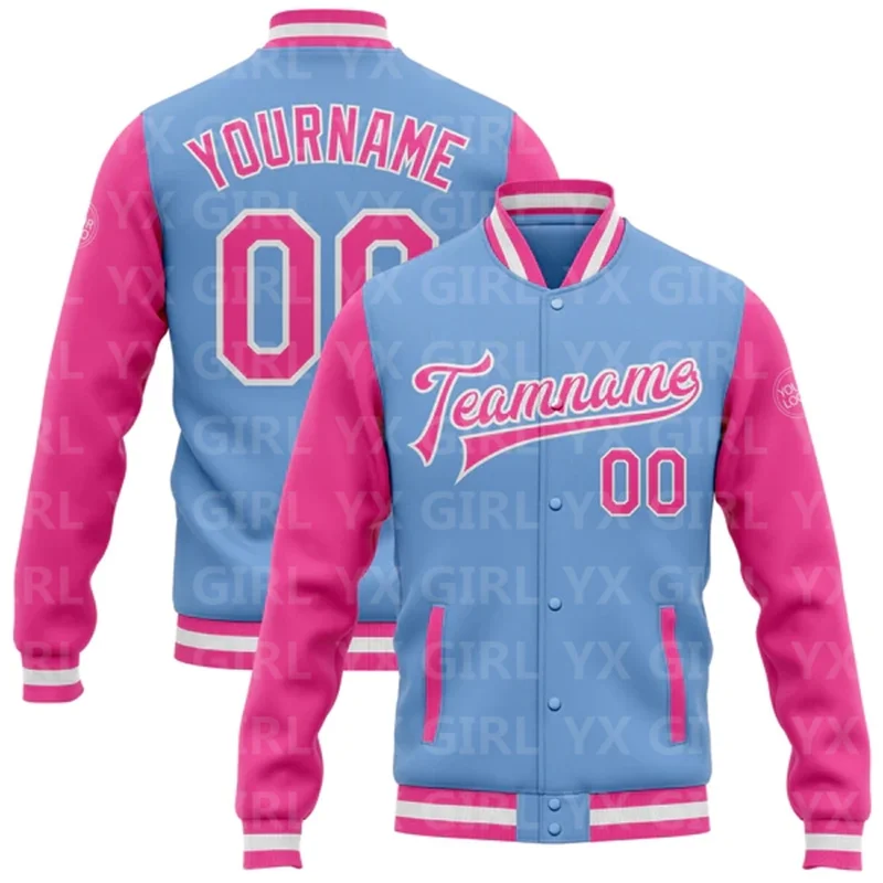 Custom Light Blue Pink Black-Purple Bomber Full-Snap Varsity Letterman Jacket 3D Printed Baseball Button Jacket