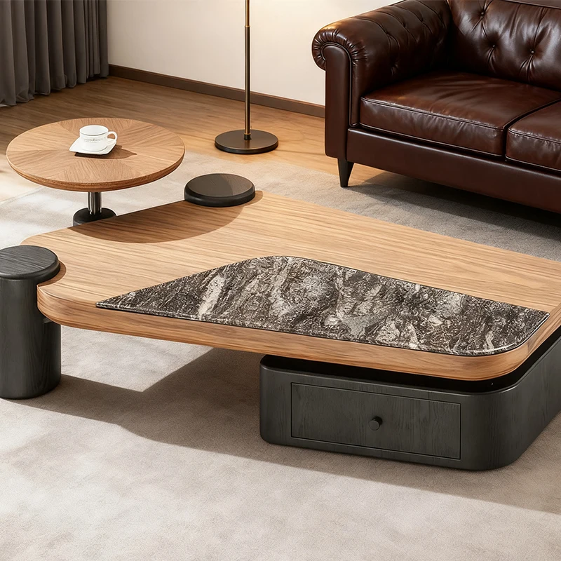 ld-Modern Coffee Table Set MDF Wood Frame Black Stone Inlay Top Storage Drawer Base Minimalist Living Room Furniture#