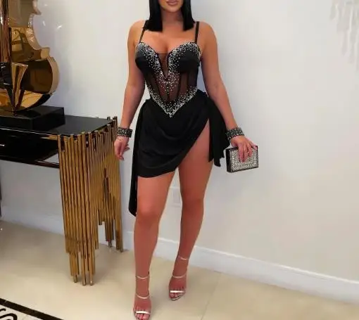 

Womens Dresses 2025 Summer New Elegant Sexy See Through Rhinestone Decor V-Neck Sleeveless Suspender Waist Cinching Mini Dress