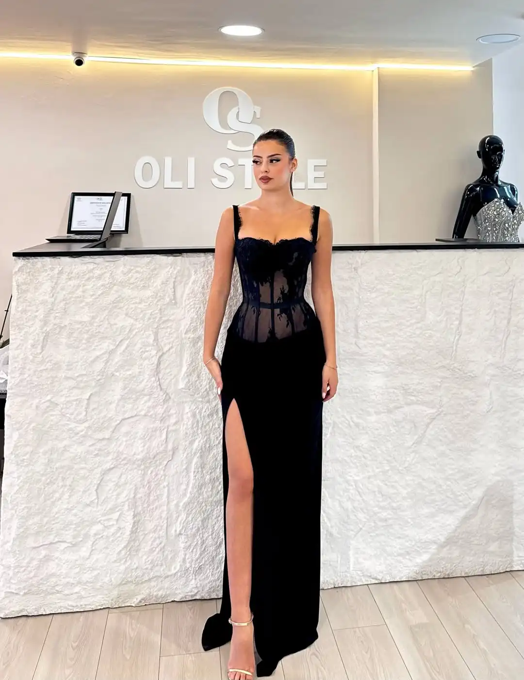 Ofherown-vestidos de fiesta con corsé de encaje negro, elegantes, con tirantes finos, abertura larga, vestidos de noche transparentes para fiesta, personalizados
