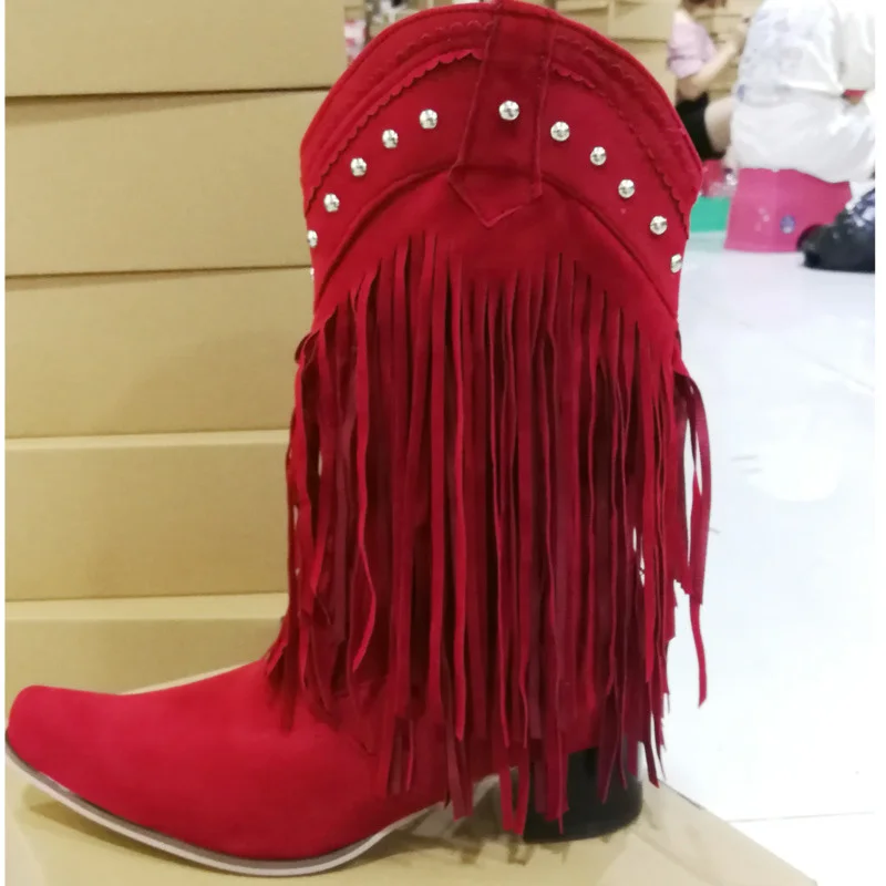 Retro Women Tassel Cowgirl Boots Shoes 2024 New Fringe Middle Heels Western Boots Fashion Slip-on Wedge Pointed Toe Boots Female