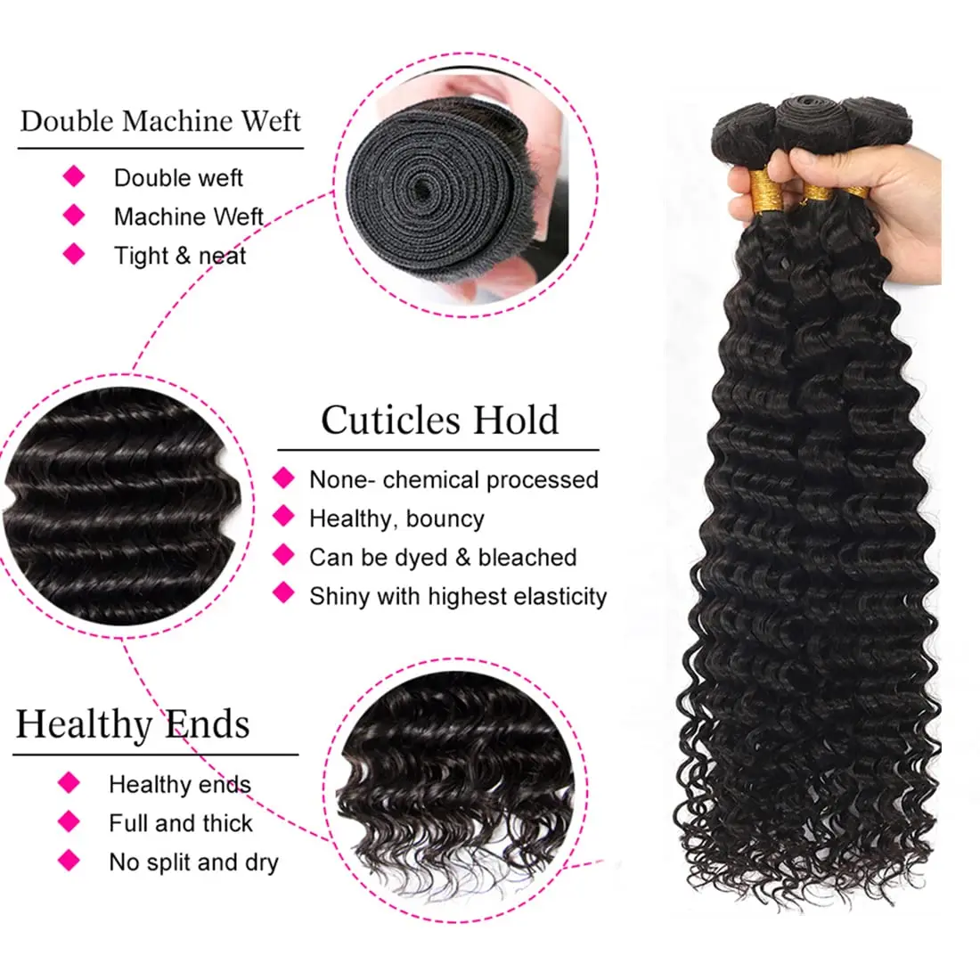 Bundel gelombang keriting dalam dengan penutup Frontal 100% rambut manusia belum diproses penuh dan tebal 3 bundel dengan 13x4 renda Frontal 30 inci