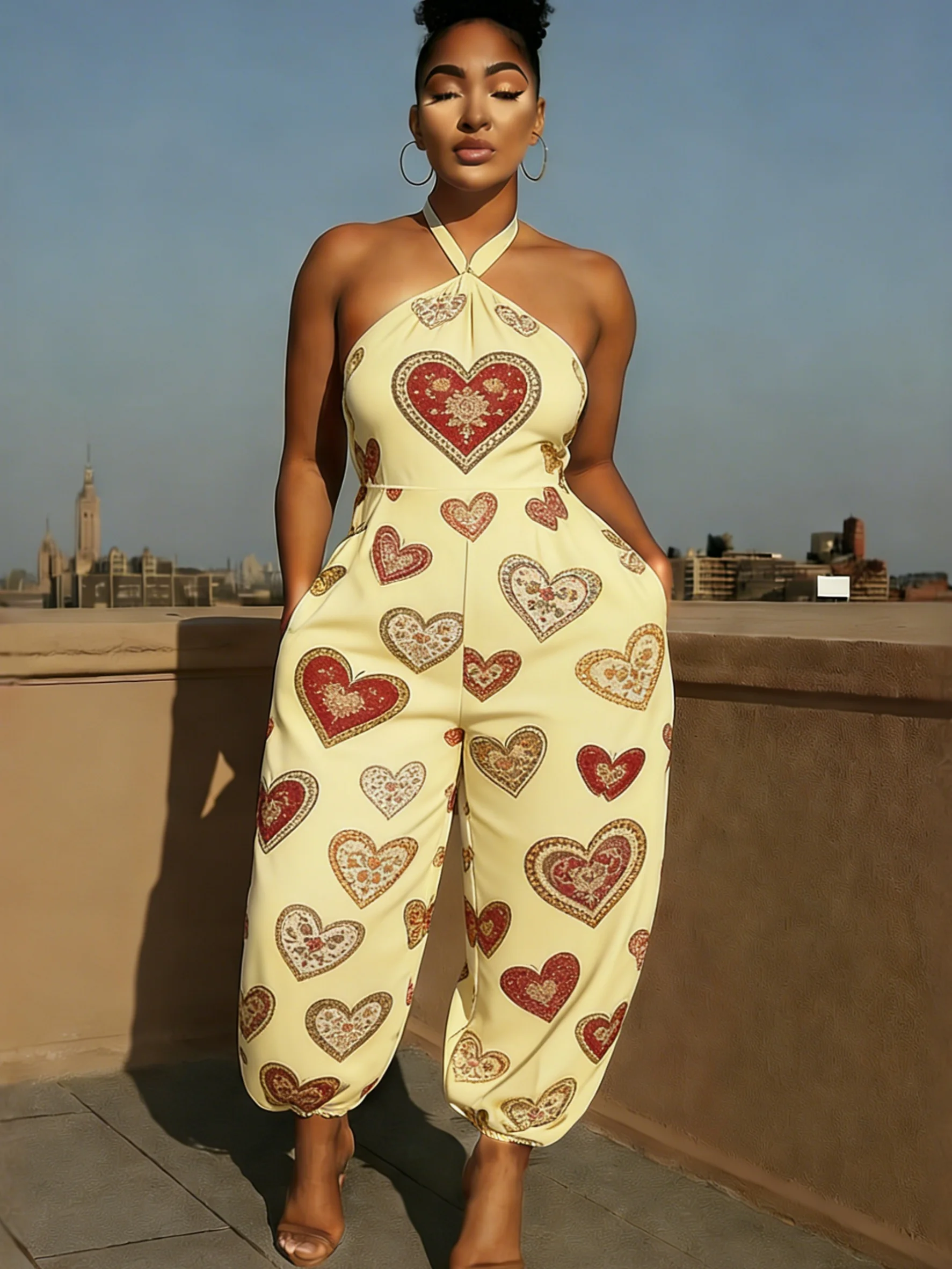 

Women's Boho Vintage Heart Print Halter Jumpsuit Sleeveless High Waist Loose Harem Outfit for Date Night Vacation Casual Wear