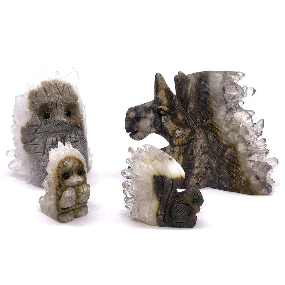 

Фигурки-орнаменты из прозрачного кварцевого кристалла: белка, ежик, единорог. Декор из необработанного камня в стиле животных для рукоделия.