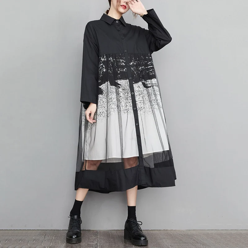 Mesh Patchwork Print Shirt Dresses For Women Long Sleeve Loose Casual Vintage Dress Fashion Elegant Clothing Spring Autumn 2026