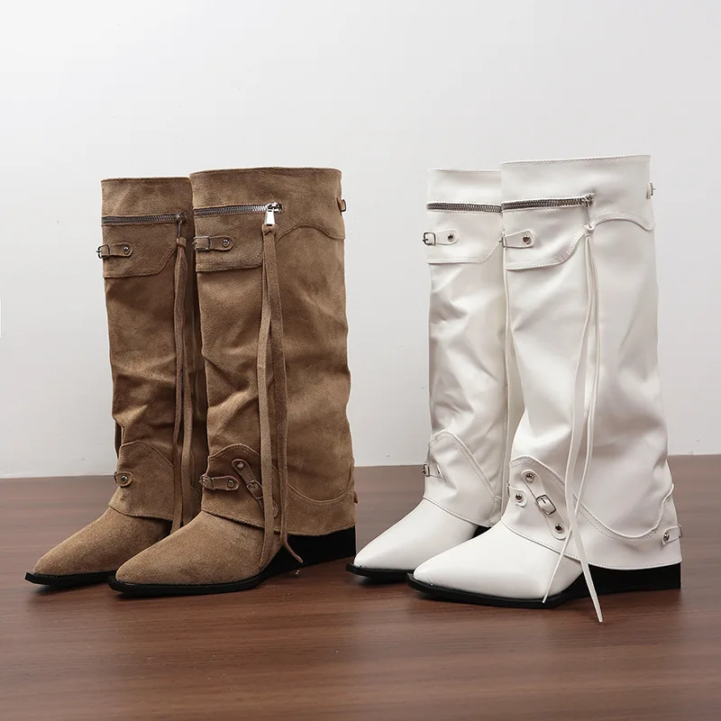 Designer Pointed Toe Long Boots Wide Calf High Heel Stack Boots Women Western Boots