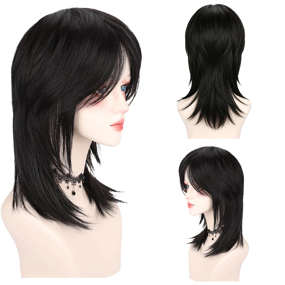 Japanese Anime Mullet Wig For Men Women Natural Black Wolf Tail Layered Hair Fluffy Medium Length Cosplay Daily Synthetic Wigs
