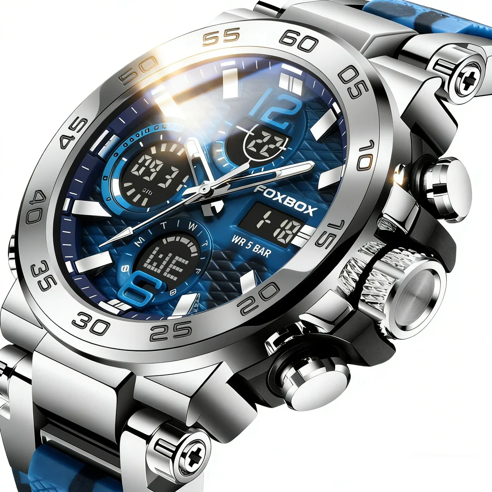 FOXBOX Militär-Tarnmuster Herrenuhr Sport Wasserdichte Digitale Armbanduhr LED Leuchtend Datum Woche Marineblau Silikon Herrenuhren