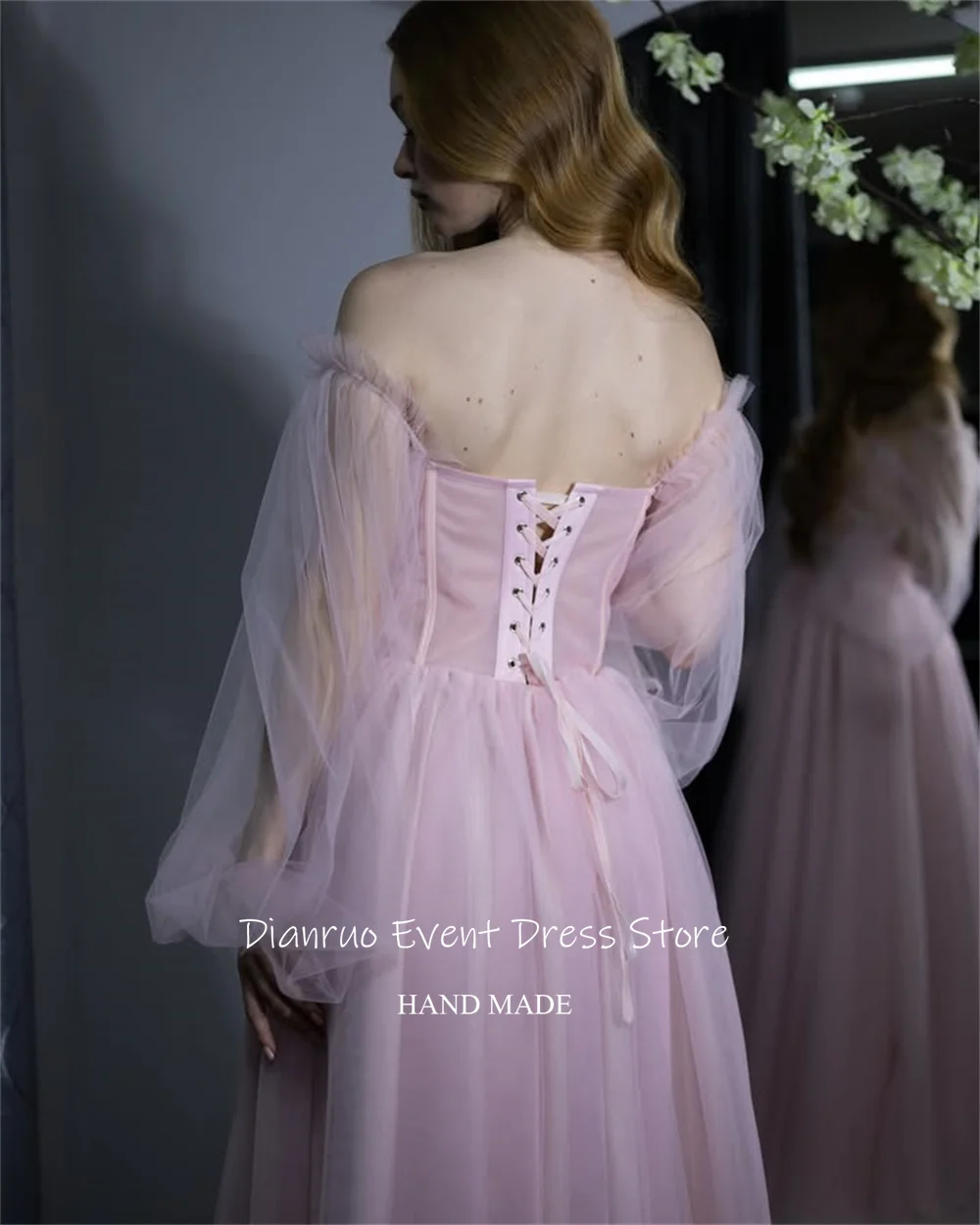 فستان سهرة أنيق على شكل حرف A من Dianruo بدون أكتاف وردي من التل رداء نسائي ساحر على شكل قلب فساتين حفلات مخصصة
