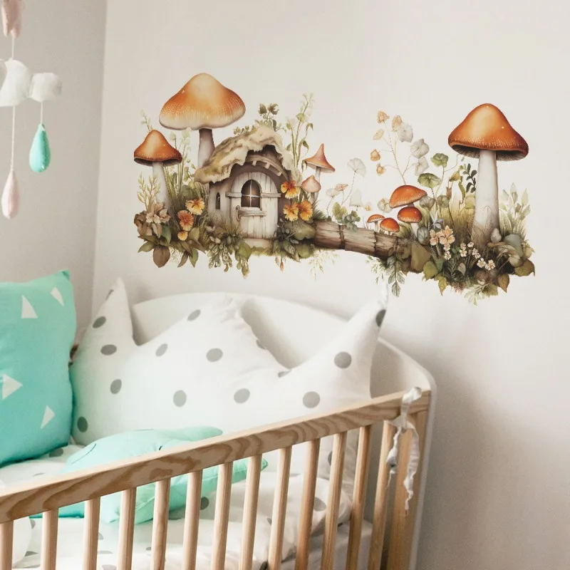 1pcs Painted Mushroom House Flowers Bedroom Living Room Home Decoration Beautifying Wall Paste Self-Adhesive