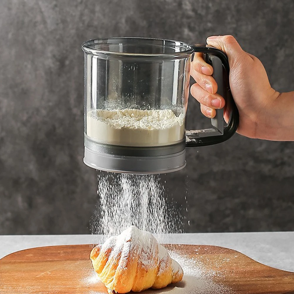 Semi-Automatic Flour Sifter with Capacity Scale Transparent Flour Sieve Handheld Sugar Powder Sieves Cup Kitchen Baking Tool