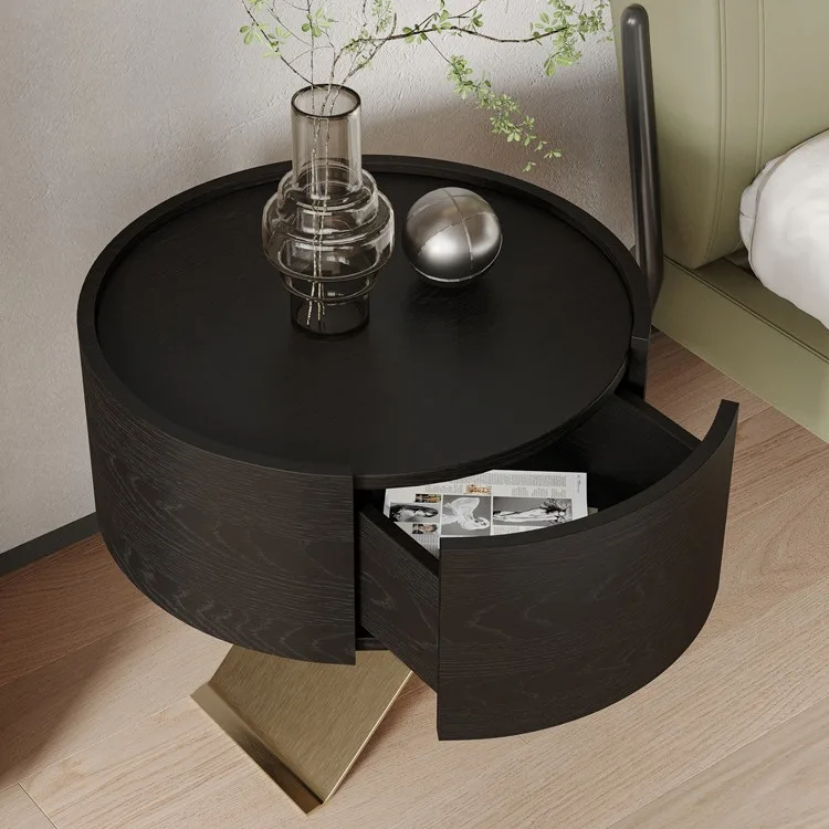 Italian Minimalist Smoky Bedside Table High-End Bedroom round Solid Wood Bedside Cabinet Locker Light Luxury