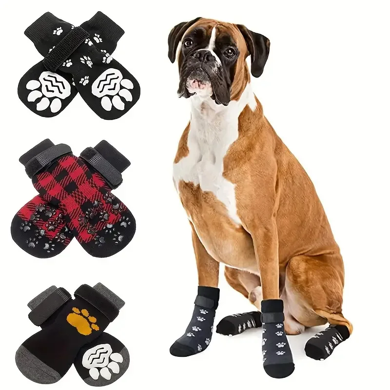 4Pcs/set Adjustable Non-Slip Dog Socks - Dual-Sided Paw Protectors for Small To Medium Breeds Machine Washable