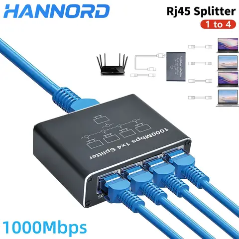 Hannord 이더넷 어댑터 1 ~ 4 RJ45 LAN 인터넷 분배기 PC 노트북 TV 박스 라우터 용 1000Mbps Cat 6 RJ45 기가비트 스위치