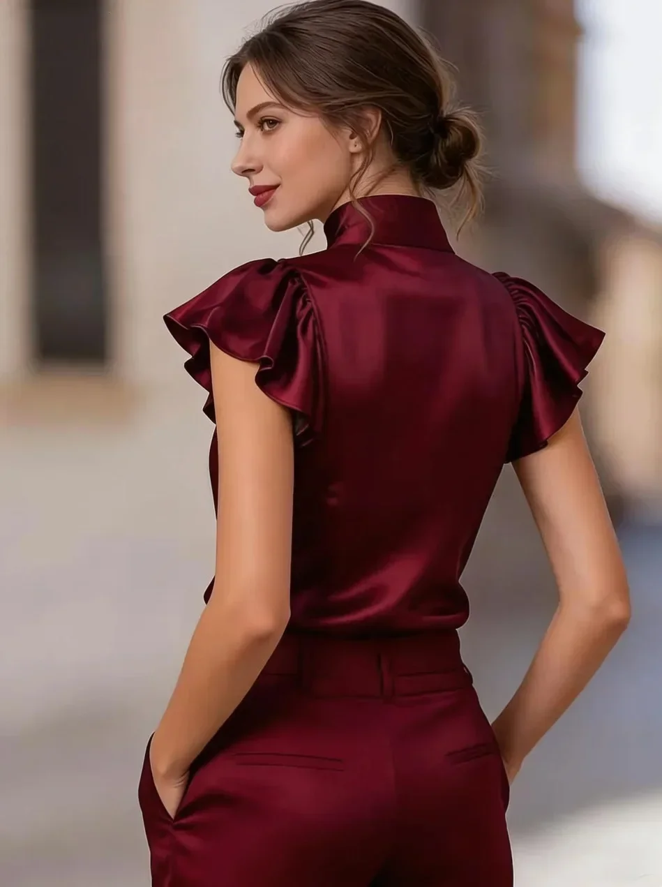 Damen-Satinbluse mit Stehkragen, Rüschenärmeln, dekorativen Knöpfen vorne, elegantes Oberteil für Büro und Pendler. – Detail 11