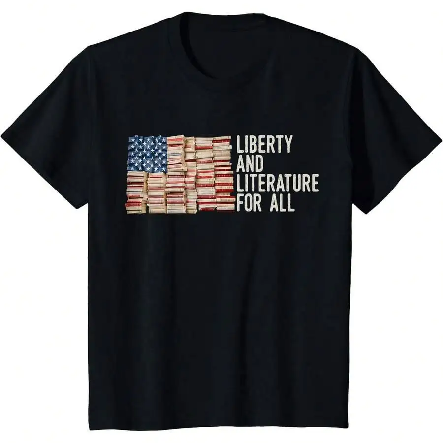 Liberty And Literature For All Reading USA Book Lover T-Shirt 100% Cotton Trendy Y2K Short-Sleeve Tee-Soft, Quick-Drying,