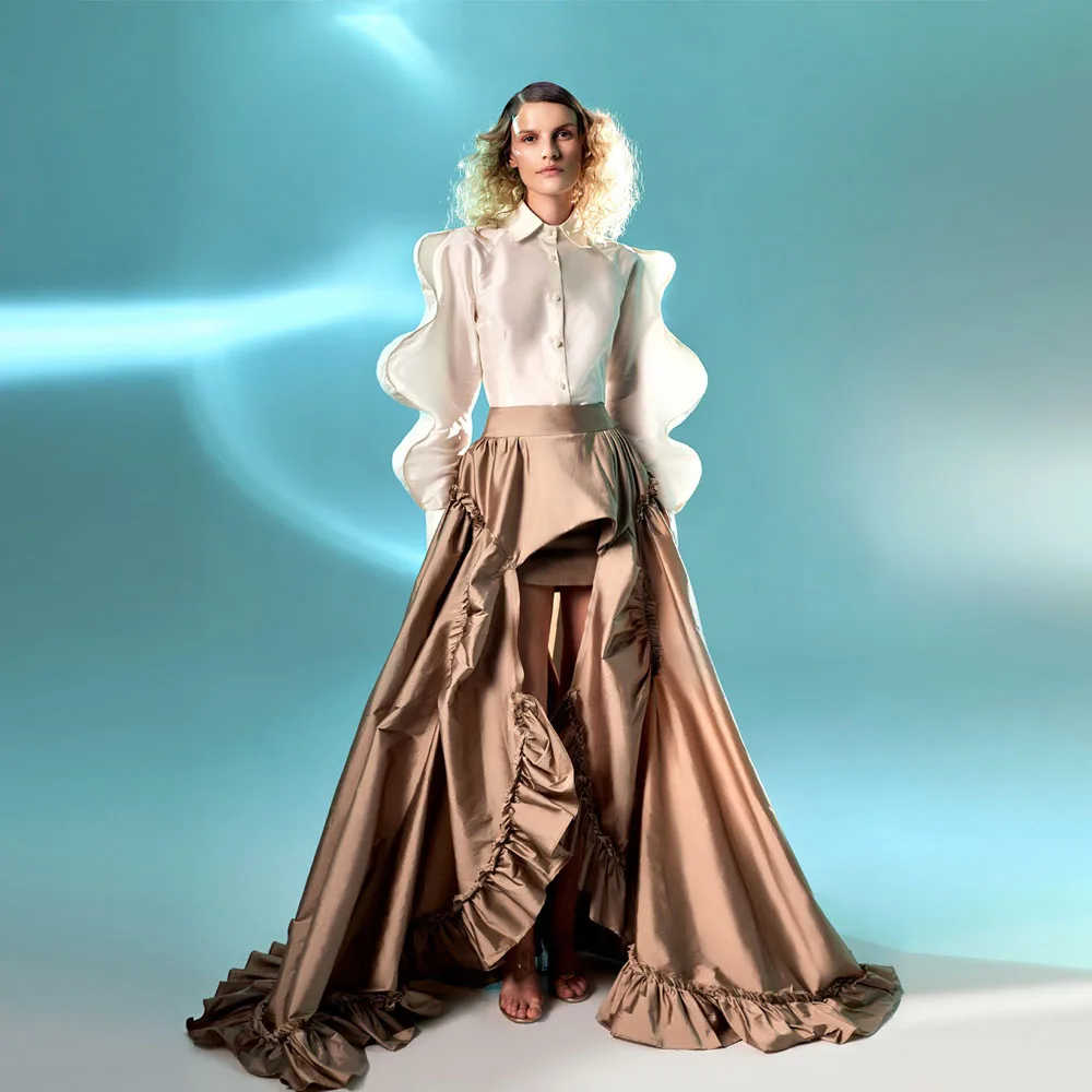 

New Arrival Champagne Asymmetrical Long Satin Women Skirts With Edible Tree Fungus Formal Party Skirt Handmade Saias