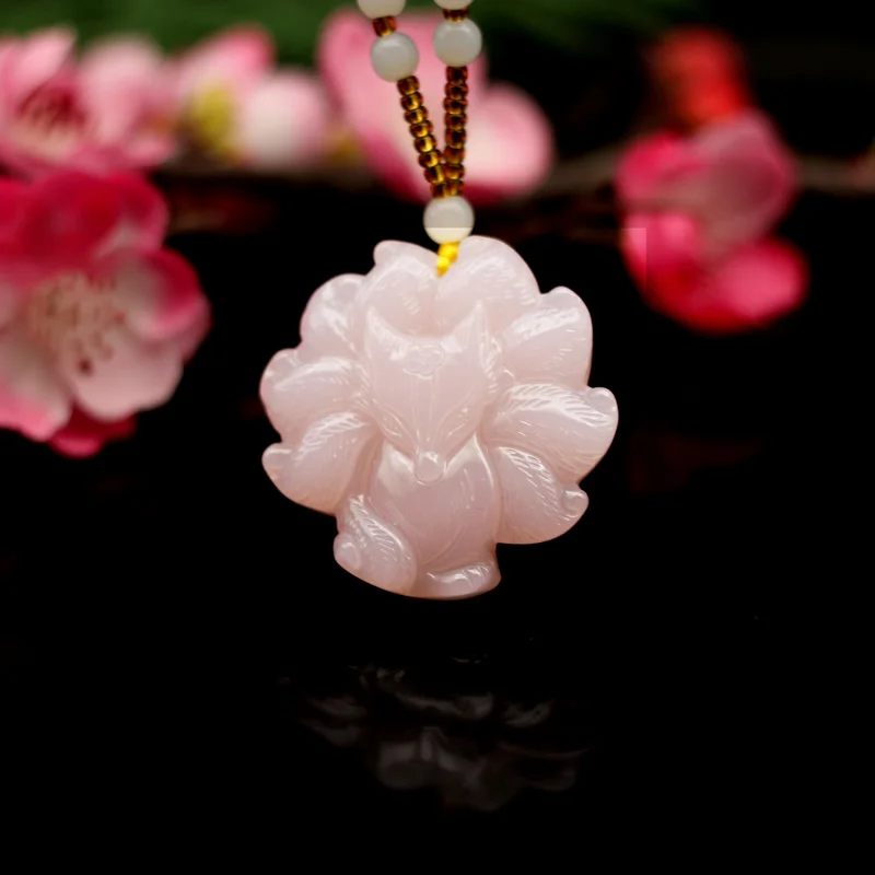 Natural Pink Jade Nine Tailed Fox Pendant Necklace Fashion Jewelry Chinese Hand-Carved Charm Accessories Amulet Gifts Men Women