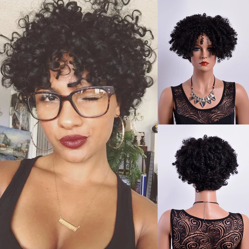 

MSIWIGS Short Black Synthetic Wigs For Women Daily Wear Curly With Bangs Africa American