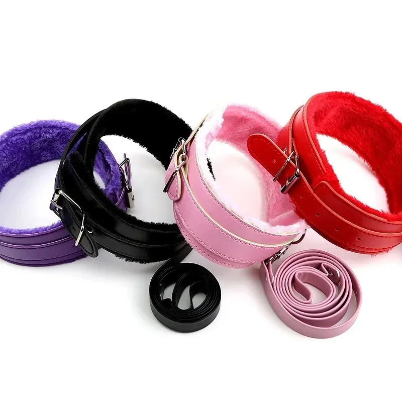Adjustable Plush Faux Leather Neck Collar with Detachable Chain Leash BDSM Bondage Accessory for Adult Couple Role Play Game