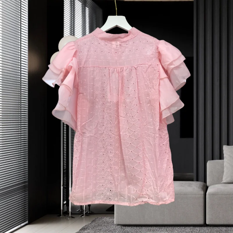 New 2024 Sweet Pink Blouse Women Design Ruffles Hollow Out Petal Sleeve Thin Shirt Solid Top Female Multi Colors 44916