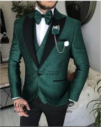 Dark Green Jacquard Wedding Suits For Men Groom Tuxedos 3 Pieces Sets Slim Fit Prom Party Blazers Groomsmen Costume Homme