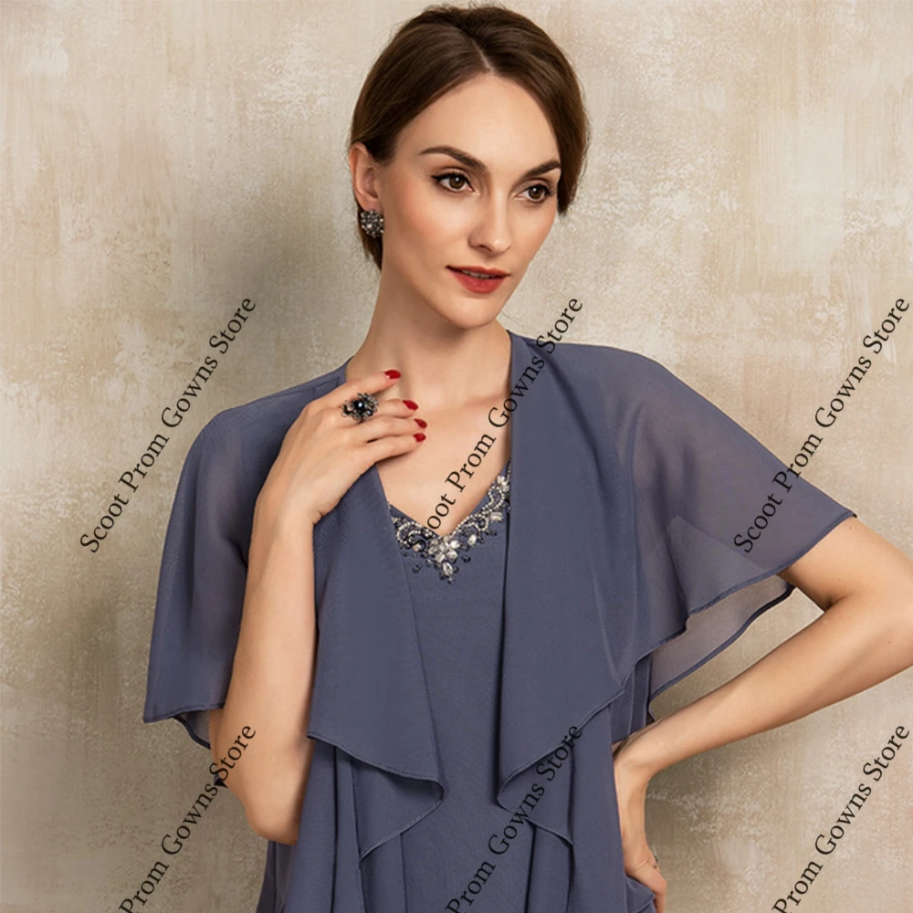 Grey Scoop Mother of Bride Dresses Short Sleeve Wedding Party Dresses for Women 2025 Summer New Chiffon Beach Robe De Soirée